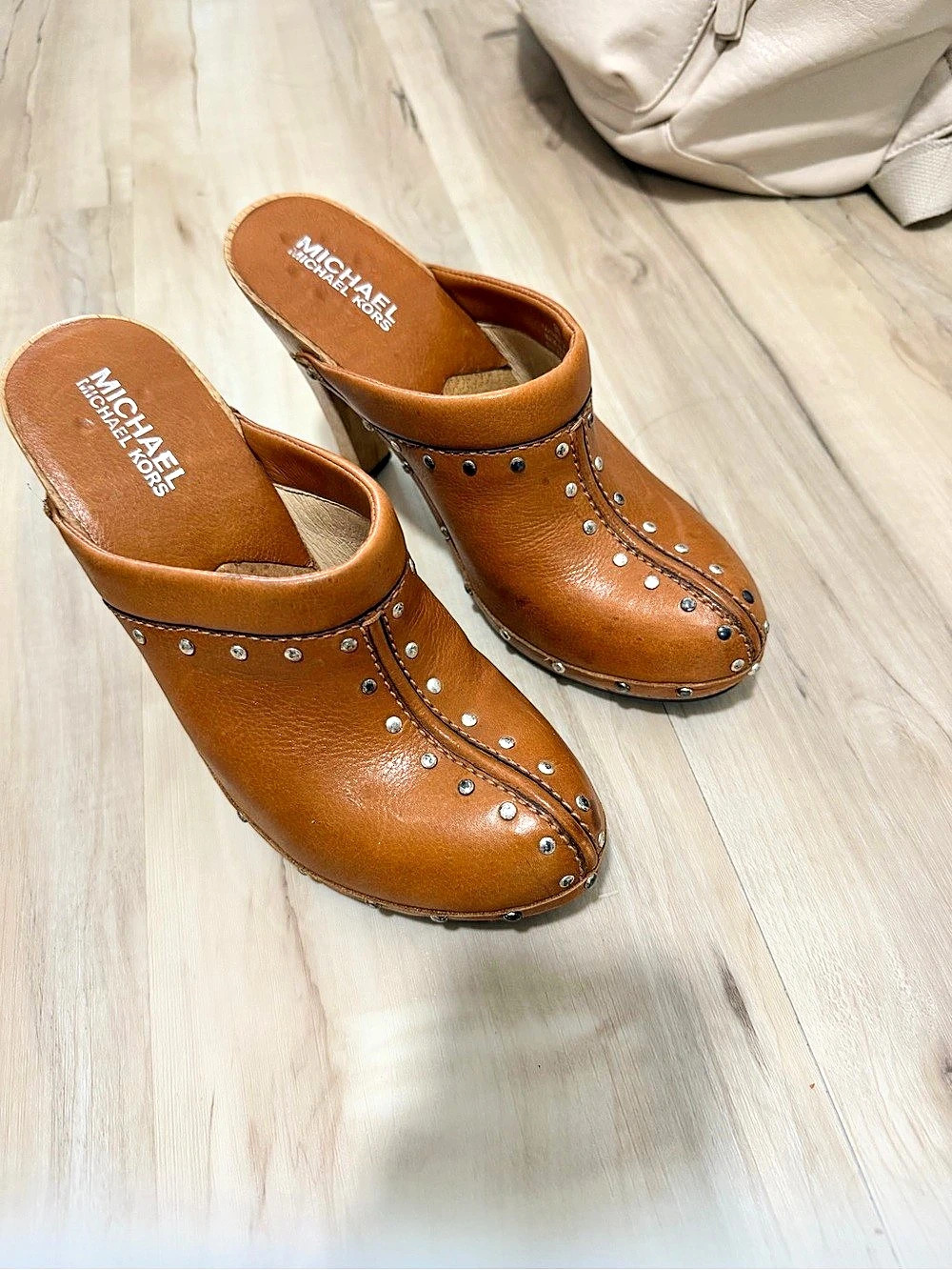 Michael Kors Studded Brown Leather-Look Mules Like New